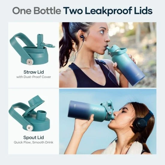 Buzio Duet Series Water Bottle with 2 Lids and Sleeve 1L - Cyan Blue